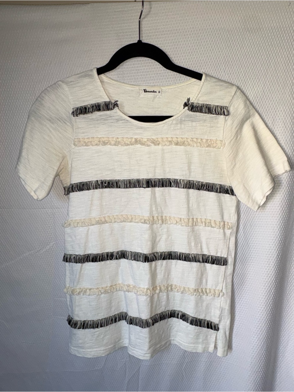 Vernacular Women’s Cream Fringe Stripe Short Sleeve top